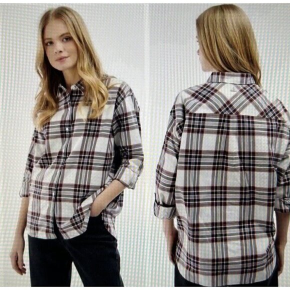 BARBOUR Bethwin Long Sleeve Button Up Shirt White Cloud Check Plaid Women Sz 14 - Picture 1 of 14
